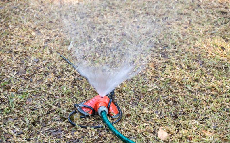 A water sprinkler sprays water on a dry lawn in a garden during winter season