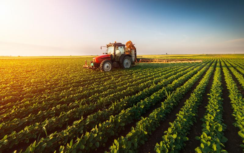 Tractor spraying soybeans