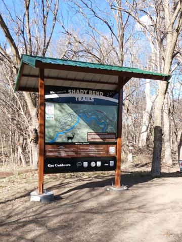 The New Shady Bend Trail kiosk was recently installed and displays a map of the Shady Bend trail system for all visitors.